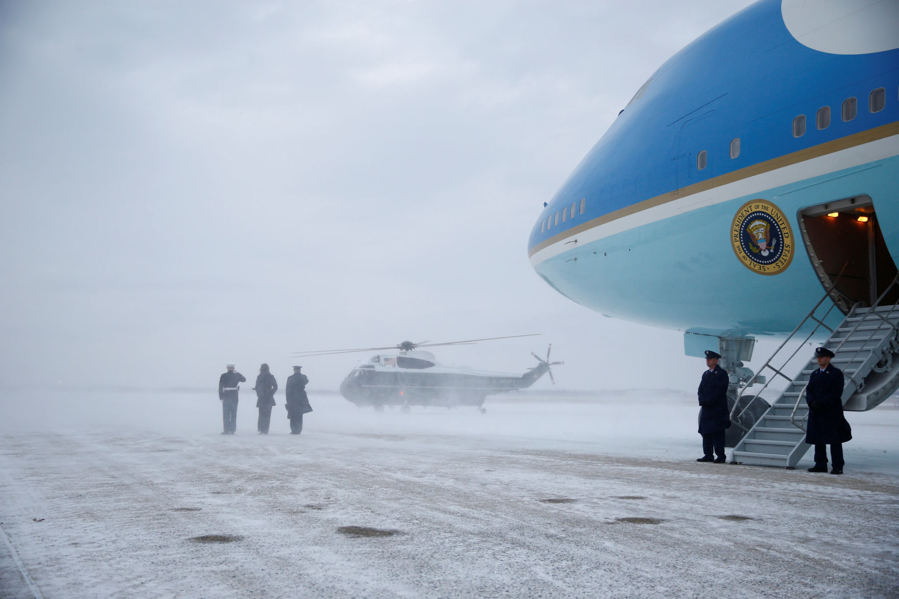 U.S. President Donald Trump, first lady Melania Trump and their son Barron Trump, board Air Force One as they depart for West Palm Beach, Florida, from Joint Base Andrews